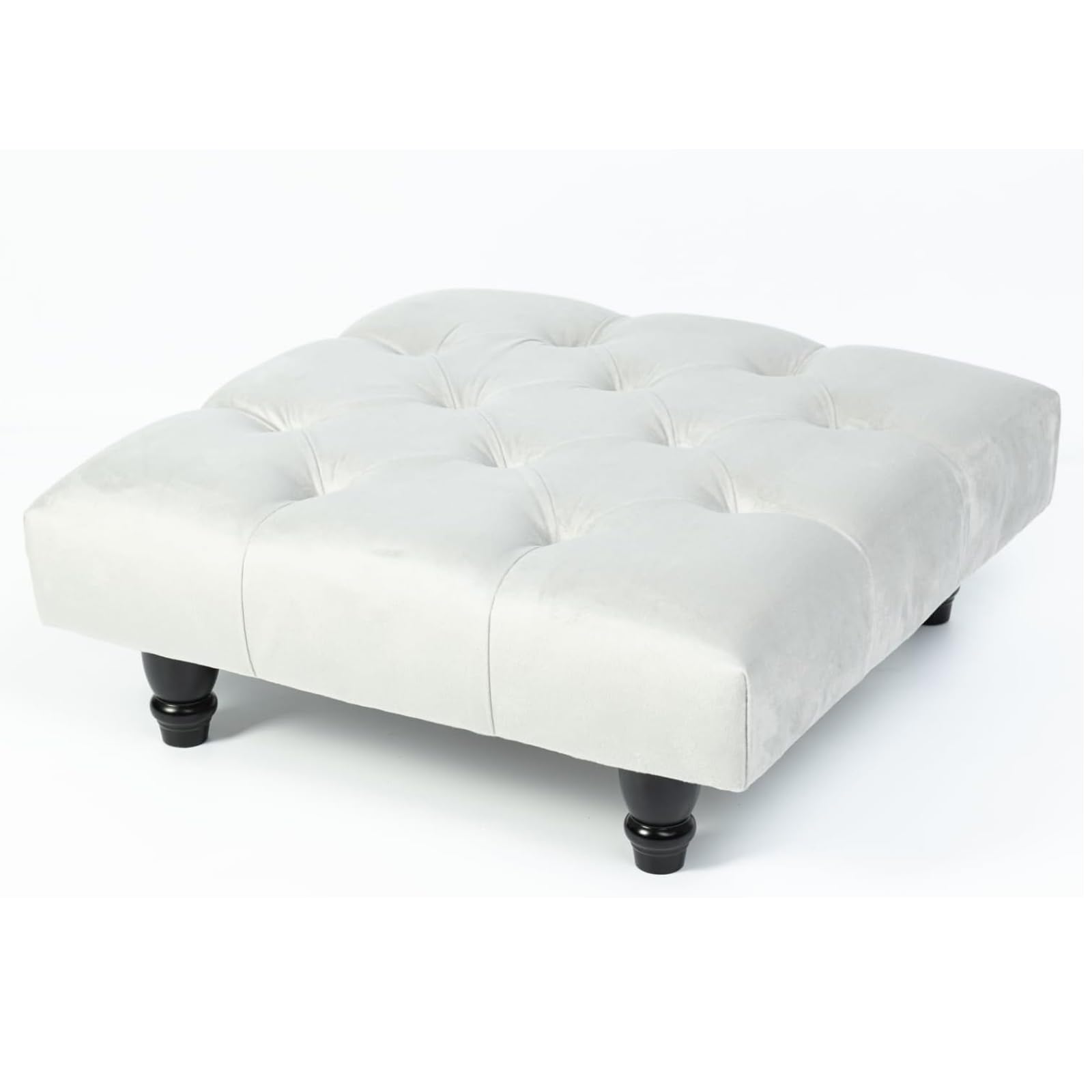 Kiswa collection Chesterfield Footstool Coffee Table Footrest | Plush Velvet Upholstered Pouffe with Matching Buttons | Elegant Chesterfield Design Foot Rest Wood Leg (Silver, 50 cm x 50 cm x 25cm)