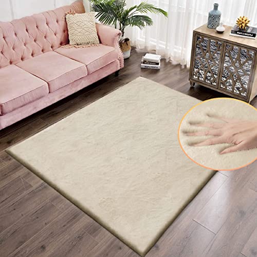 5x8 Area Rug Light Brown Beige Plush Shaggy Rugs for Bedroom Washable Faux Rabbit Fur Rug for Living Room Fluffy Large Nursery Rug Home Décor