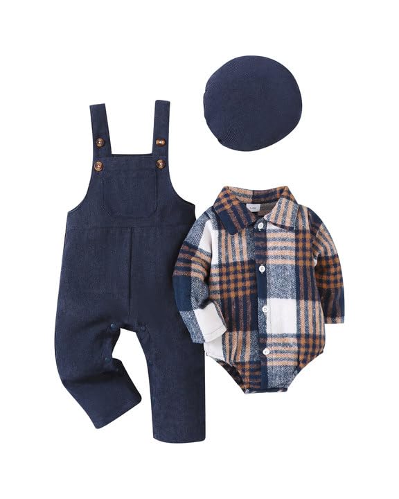 Renotemy Baby Boy Clothes Flannel Plaid Bodysuit+Corduroy Overalls+Beret Hat 3Pcs Fall Winter Outfits for 3-24 Months Boys