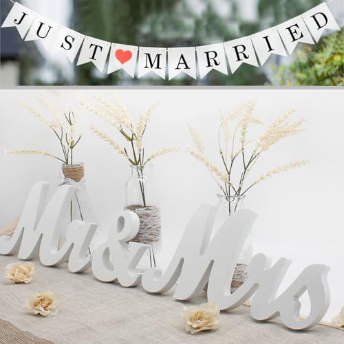 Wooden Mr and Mrs Letter, Classical Mr. & Mrs Wedding Sign for Wedding Table, Large Wooden Letters for Sweetheart Table, Photo Props Wedding Decorations for Anniversary (White, Large)