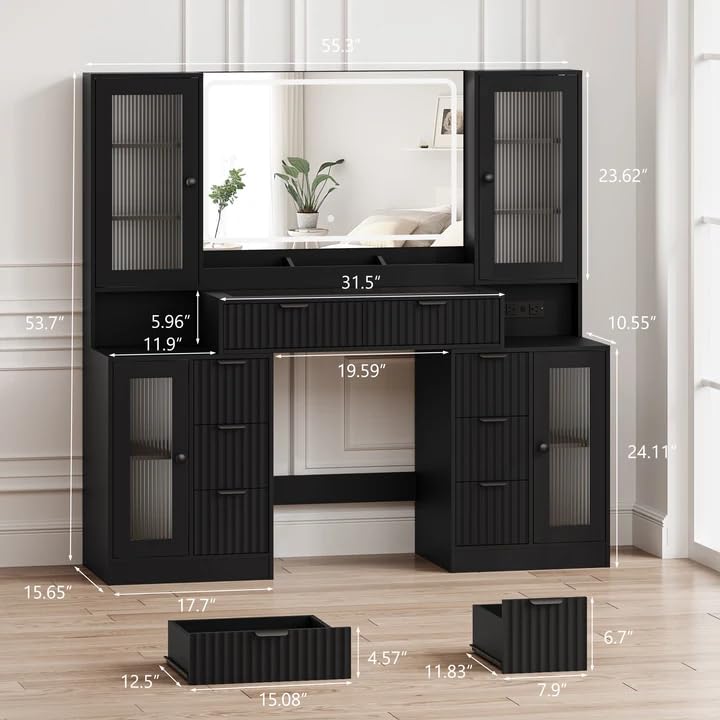 Image of Fluted Makeup Vanity Desk with Mirror and Lights, 55 inch Glass Top Vanity with 8 Drawers & 4 RGB Glass Cabinets, Adjustable Shelves & Power Outlet, Modern Dressing Table Set for Women Girls Bedroom