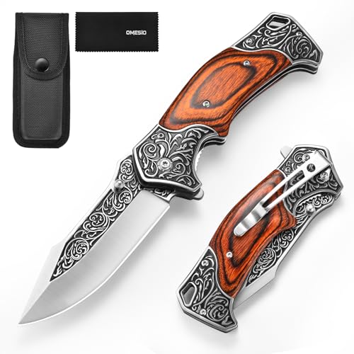 Omesio Couteau Pliant M-XY, Couteau Randonnée Acier 420, Poignée En Bois, Avec étui En Cuir Nylon Et Clip De Poche,Convient Pour Les Activités De Plein Air, Le...