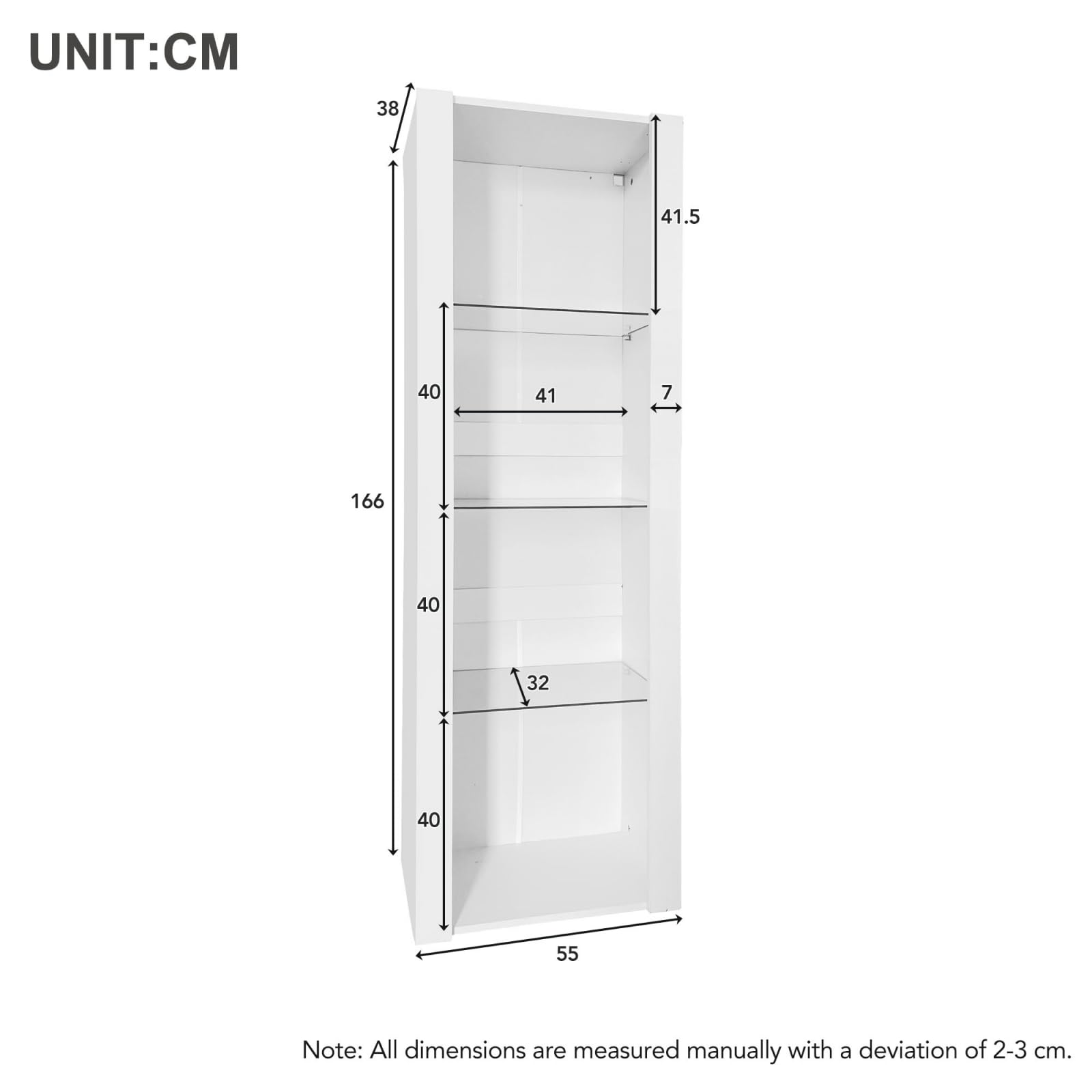 KOMHTOM Vetrina soggiorno con LED Credenza moderno, vetrina espositiva da terra con 3 ripiani in vetro per soggiorno camera da letto corridoio sala da pranzo (Bianco)