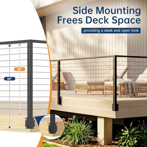 Image of Side Mount Outer Corner Post 36 inch (Post Body 44 inch), Fixed Top Three Side Drilled Corner Post Cable Railing, Black Stainless Steel T304 Fascia Mount Metal Post with Inner Terminal & Cable Grommet