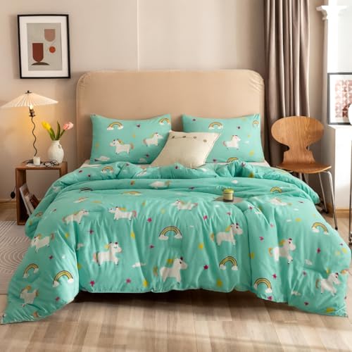 Image of 200 GSM 400 TC Kids Glace Cotton Reversible Cartoon Printed Double Bed King Size Comforter with Matching Bedsheet 90x100 Inches with 2 Pillow Covers Set of 4 Pieces- Sky