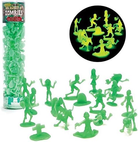 SCS Direct Zombie Action Figures - Big Bucket of 100 Glow in the Dark Zombies - Includes Zombies, Zombie Pets, Gravestones, and Humans For Halloween Parties