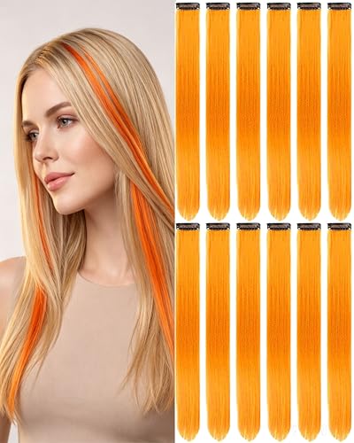 Olldag 12 PCS Orange Hair Extensions Clip in 22 Inch Colored Party Synthetic Neon Highlights Extensions Rainbow Hair Accessories for Women Hair Pieces (Orange)