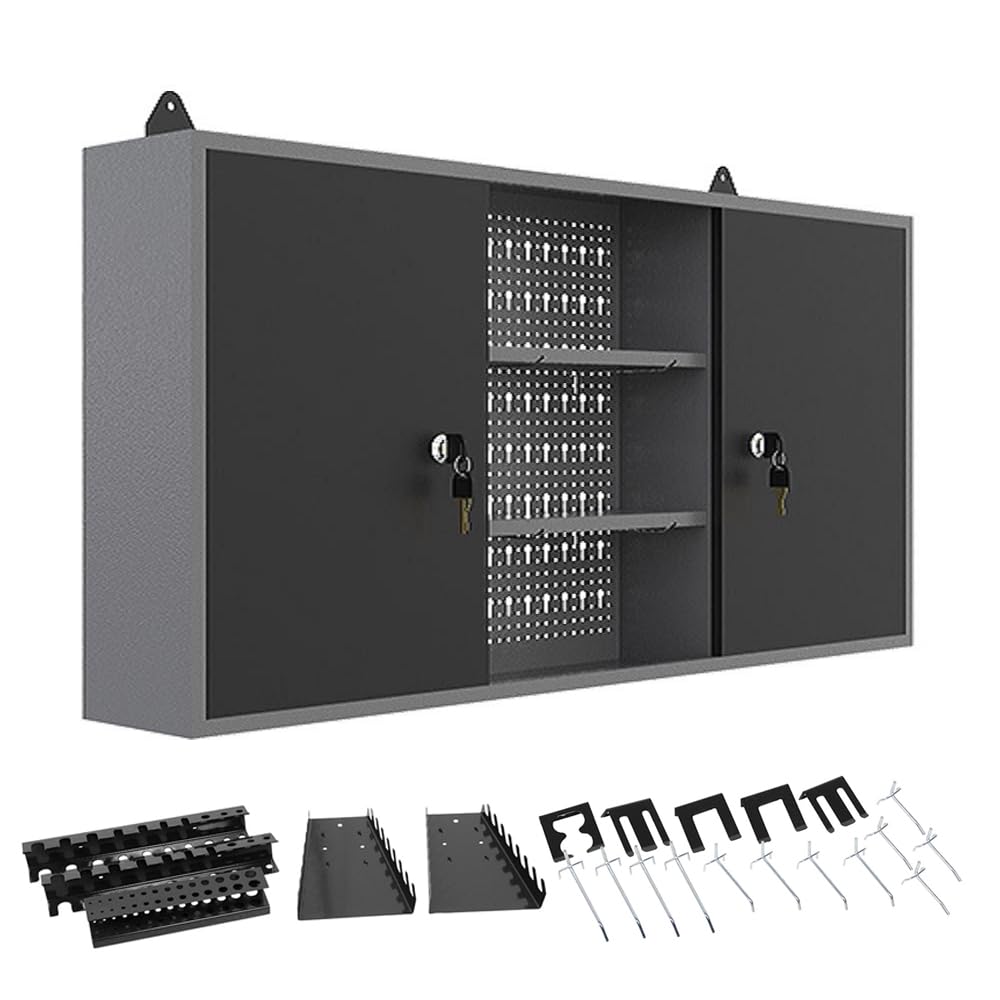 JZDSteel Wall Mount Storage Cabinet System with 22 Tool Hooks, for Garage Workshop Black & Grey