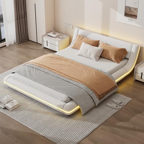 Aoskem Polsterbett 140x200 cm Doppelbett, LED-Bett, Flachbett Bodenbett, Bettgestell mit Lattenrost aus Holz, Jugendbett Rückenlehne Bett, Ohne Matratze, PU-Kunstleder Weiß