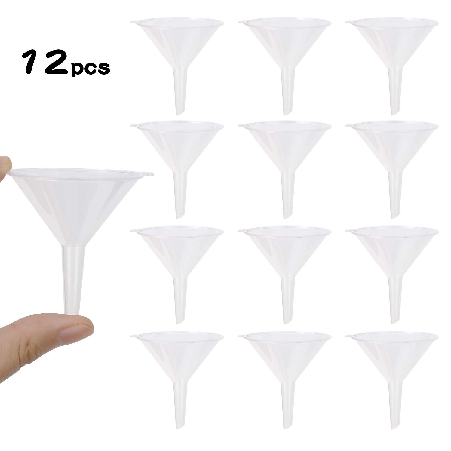 DIYASY 12 Pcs Small Plastic Funnels,Multi-Purpose 2.16 Inch Clear Funnels Long Reaching Spout for for Filling Bottles Science Lab Bottle Filling Liquid, Essential Oils, Perfume.