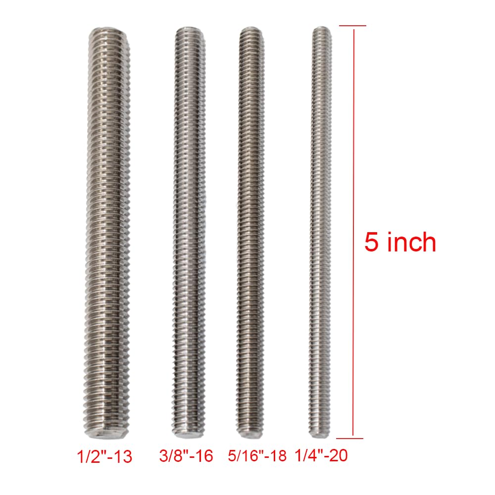 1/4"-20 x 5" Fully Threaded 304 Stainless Steel Right Hand Rod Studs (2 Pack)