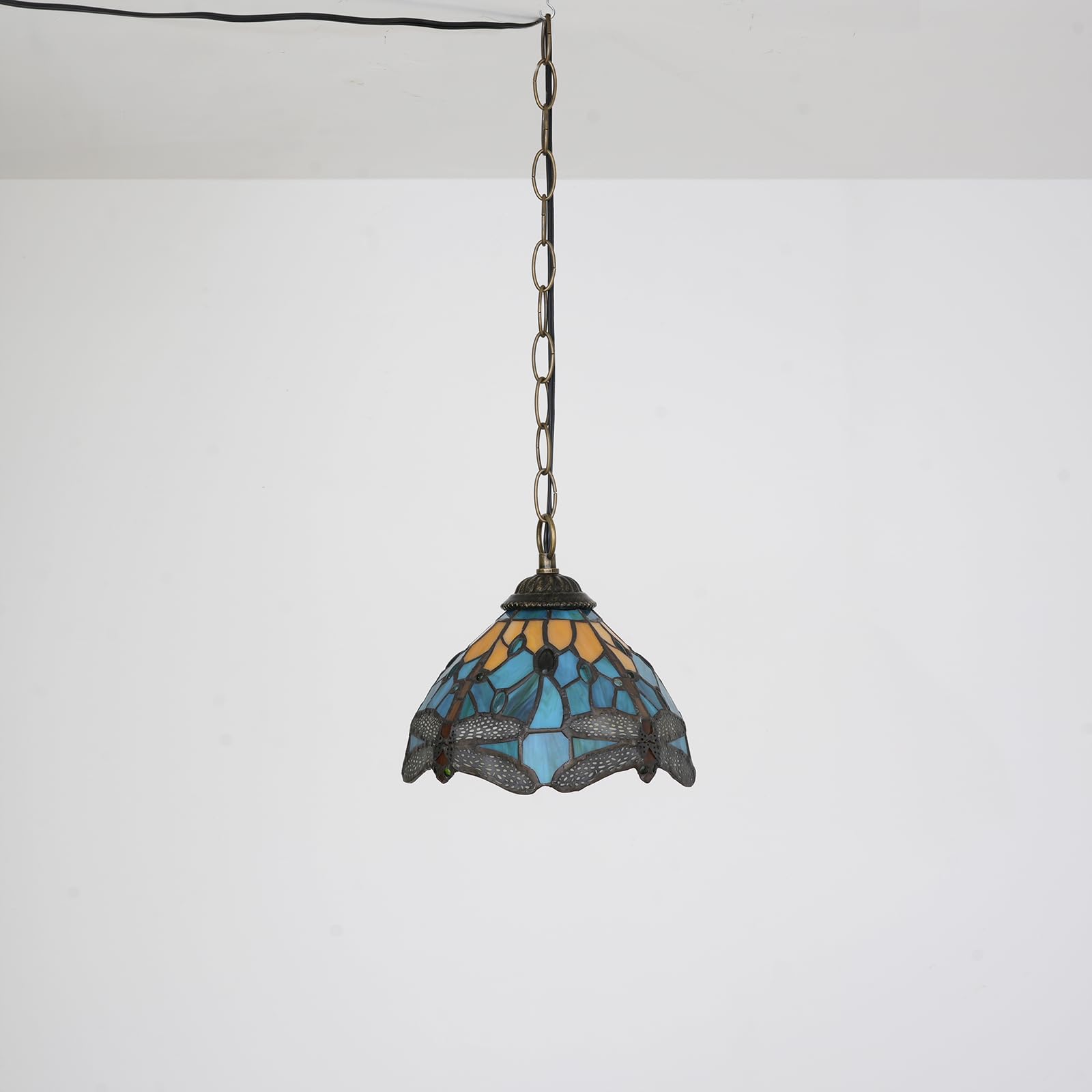 Lámpara Colgante Tiffany con Pantalla de 8 Pulgadas Estilo Libélula Verde Lámpara Colgante Artesanal de Vidriera Ajustable en Altura para Cocina Isla Comedor Pasillo