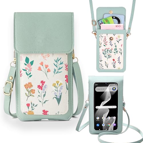 Tuxiwei Bolsa tiracolo transparente com tela sensível ao toque para Foxxd A56 [alça longa de cordão], bolsa de dinheiro com estampa floral de couro PU, bolsa tiracolo longa com alça de pulso para