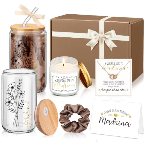 Regalo de madrina kit de 6 piezas con taza de cristal y vela perfumada para pedida de ahijado