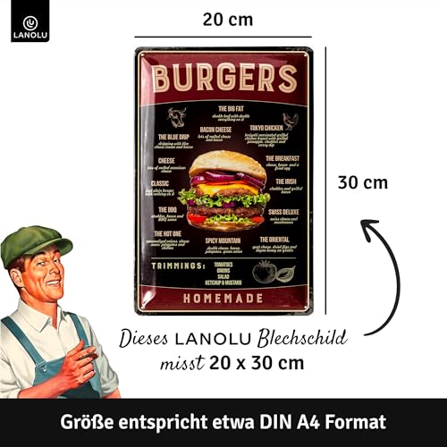 LANOLU Tabliczka blaszana w stylu vintage – znak hamburgera w stylu retro, sztuka ścienna, dekoracja restauracji, 30 x 20 cm