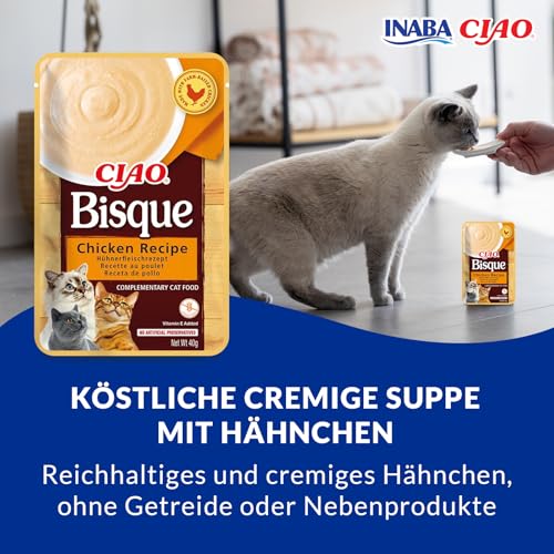 INABA Ciao Bisque Katzenfutter Nass mit 30% Hühnerfleisch und 86% Feuchtigkeit | Getreidefrei, Zuckerfrei, Keine Nebenerzeugnisse | Cremige Paste und Leckere Katzensuppe aus Japan 40 g (1er Pack)