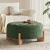 Virubi 32" Round Tufted Ottoman Coffee Table, Chenille Upholstered Footrest with Solid Wood L-Shaped Legs, Button Tufted & Piping, Modern Accent Seat for Living Room (Green)