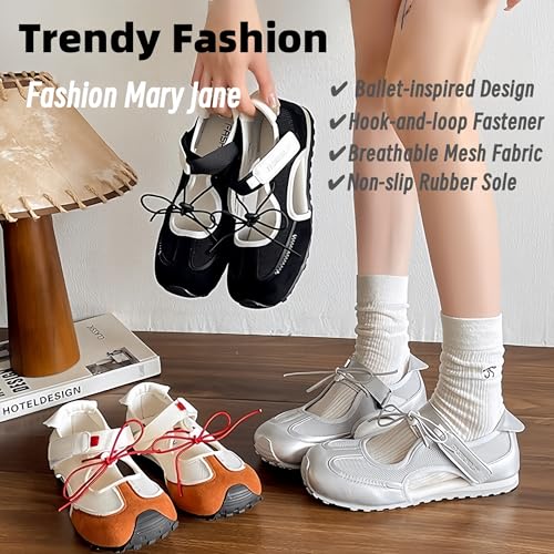 Women's Mary Jane Flats, Ballet-Inspired Hook-Loop Strap Elastic Laces Breathable Mesh Non-Slip Rubber Sole,Ideal for Daily Walks & Casual Outings2