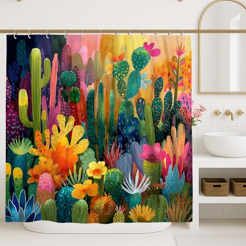 Bunter Kaktus-Duschvorhang, Aquarell, mehrfarbig, Wüstenpflanze, Badvorhänge für Badezimmer, lebendiger Frühling, böhmisch, künstlerisch, wasserdichter Stoff, Duschvorhang-Set mit Haken, 137 x 198 cm Bunter Kaktus-Duschvorhang, Aquarell, mehrfarbig, Wüstenpflanze, Badvorhänge für Badezimmer, lebendiger Frühling, böhmisch, künstlerisch, wasserdichter Stoff, Duschvorhang-Set mit Haken, 137 x 198 cm
