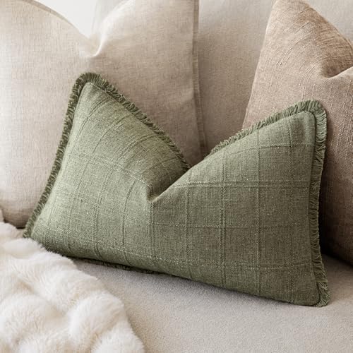 Image of Foindtower Set of 2 Decorative Linen Check Fringe Throw Pillow Covers Farmhouse Lumbar Cushion Covers Modern Boho Home Decor for Sofa Chair Couch Bedroom Living Room,12x20 Inch,Sage Green