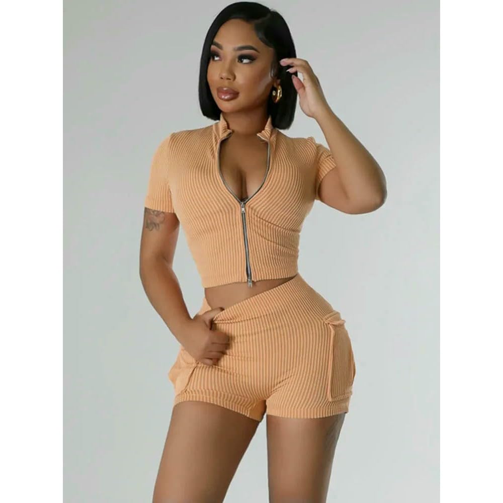 NYSDM Sporty Fitness Dres Damski Dwuczęściowy Zestaw Letni Dzianinowy Prążkowany Zamek Błyskawiczny Krótki Top Szorty Casual Ćwiczenia Siłownia Joga Zestawy