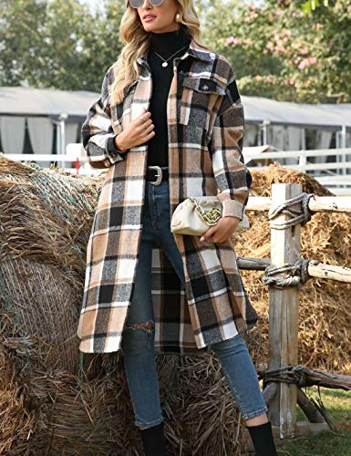 Himosyber Women's Casual Plaid Lapel Woolen Button Up Pocketed Long Shacket Coat(Brown-L) #TOP2