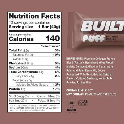 BUILT Puff Protein Bars, Brownie Batter, 17g Protein - 12 Count - 1