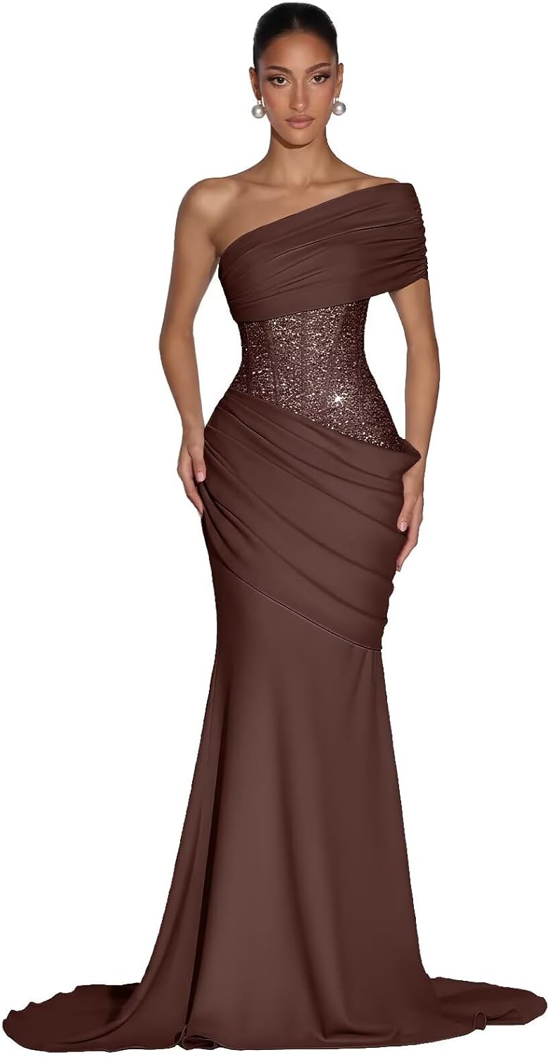 Sequin Beaded One Shoulder Mermaid Prom Dresses for Women 2026 Long Corset Pleated Formal Evening Dresses