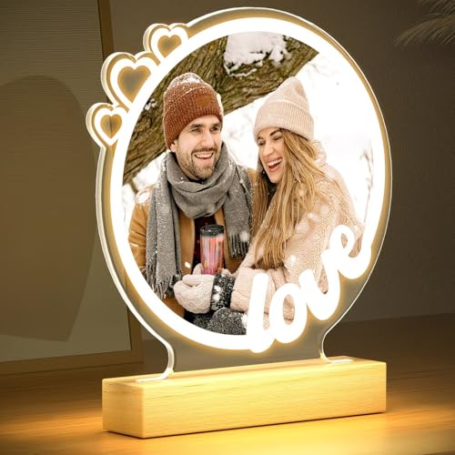 Image of SNAPTRAP Personalized LED Acrylic Photo Lamp with Wooden Base | Customized Couple Photo Light Gift for Girlfriend Boyfriend Wife Husband Family | Romantic Heart Design Night Lamp Decor