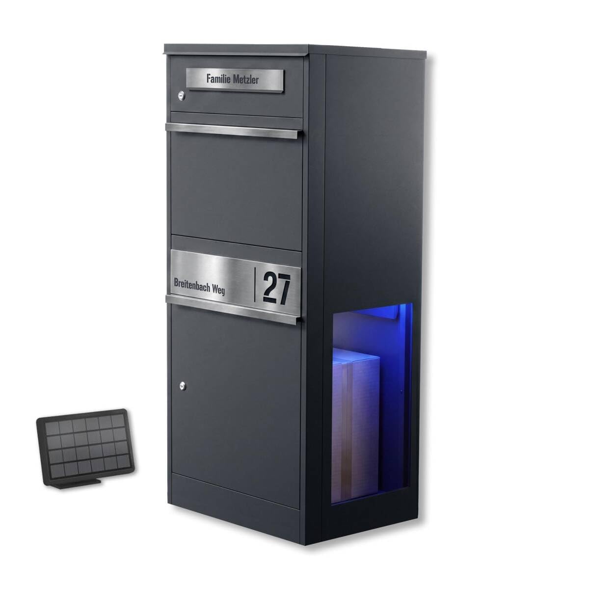 Metzler Paketbox mit Briefkasten | Paketbriefkasten mit LED | seitliche Sichtfenster | Paketkasten personalisiert mit Gravur | RAL 7016 Anthrazit | Bispo 2