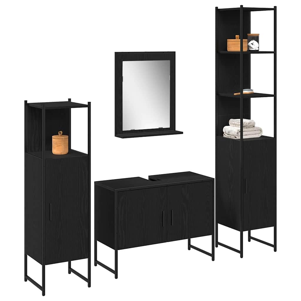 Juego de 4 muebles de baño de acero y madera con espejo, estante y armario, color negro