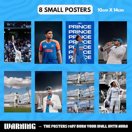 Image of Shubman Gill Gift Merchandise | 10 Premium Posters, 13 Stickers, 12 Photocards & 1 Split Poster | Aesthetic Shubman Gill Merchandise Gift Set for Cricket Fans | Posters Combo Pack for Room Decor