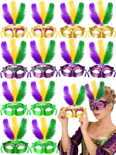 MOUNTCLIM 12-Pack Feather Mardi Gras Mask Set Feather Masquerade Masks Elegant Purple Green Gold Carnival Masks for Womens Costume Party