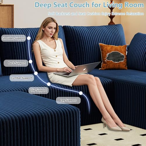 Image of 96 inch Boneless Cloud Sectional Couch Modular Sofa with Ottoman | Modern U-Shaped Couches, Comfy Corduroy Memory Foam Sofas with Oversized Chaise for Living Room (Blue,Right-Facing Chaise)