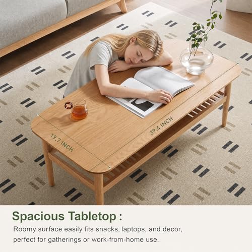 Image of Solid Oak End Table Wood Coffee Table, Modern Simple Style, Double-Layer, Rectangular, Natural Oak, Storage, for Small Spaces (Oak,47.2 inch x 22.0 inch x 16.5 inch)