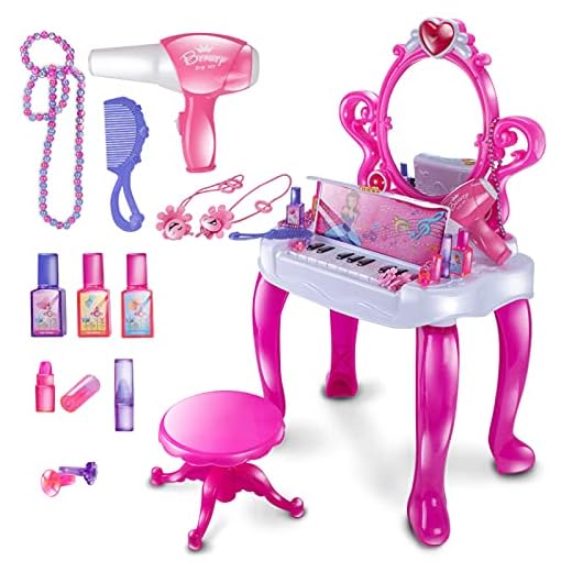UNIH Kids Vanity with 18 Keys Piano Makeup Table Toy with Mirror Chair Set for Toddler Kids Little Girls Pink Makeup Kits Toys for 2 3 4 5 Year Old Girl