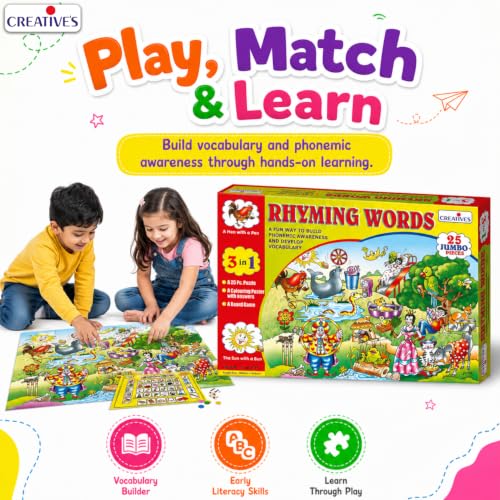 Image of Creative's Rhyming Words 3-in-1, Phonemic Awareness Game, 25 Jumbo Puzzle 24 Pairs Colouring Poster Board Game Dice, Early Reading, Vocabulary Spelling Skills Language Educational Games, Ages 5 & Up