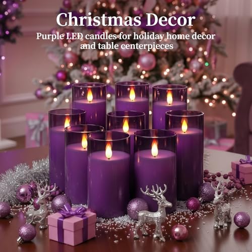 Image of Homemory Purple Flickering Flameless Candles, Battery Operated Acrylic LED Pillar Candles with Remote Control and Timer, Purple Decor, Set of 9