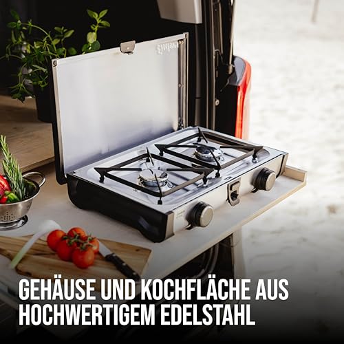 Enders Ryda 2Z, Gaskocher mit Zündsicherung, 2-flammig, Edelstahlbrenner 2x2,3 kW, klein und kompakt, inkl. Gasschlauch und Windschutz #1862, Silber/Schwarz