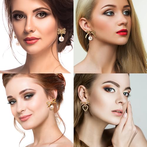 12 Pairs of Women's Bow Earrings Pearl Rhinestone Drop Dangle Earrings Dainty Trendy Earrings Wedding Party Jewelry Gifts3