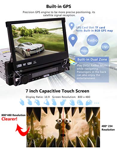 1Din Car Stereo GPS Navigation Automotive Parts Bluetooth Single 1 Din Radio Autoradio GPS in Dash Head Unit with 8GB SD Map Card 7 Inch Capacitive Touchscreen Auto CD DVD Player with Backup Camera - Thumbnail 3