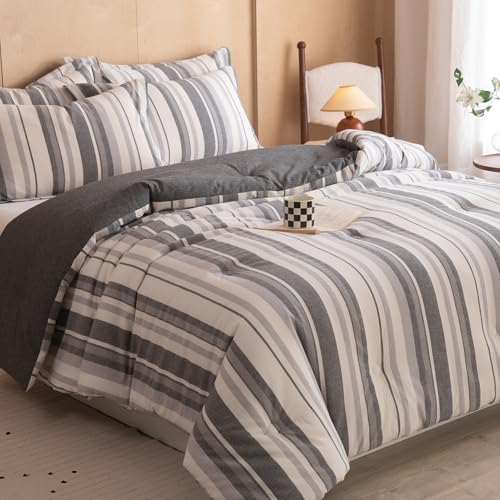 Image of 100% Cotton Comforter Set King Size - Reversible Yarn-Dyed Stripe Design, Soft Washed Cotton on Both Sides, Lightweight All-Season Bedding, Machine Washable(Grey White Stripe, 104 inchx90 inch)