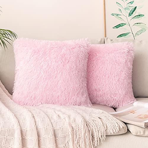 Image of MIULEE Pack of 2 Luxury Faux Fur Throw Pillow Cover Deluxe Decorative Plush Pillow Case Cushion Cover Shell for Sofa Bedroom Car 14 x 14 Inch Pink
