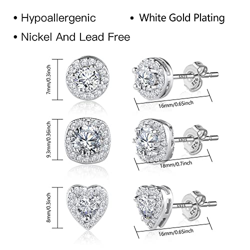ALEXCRAFT Sterling Silver Stud Earrings for Women Girls Cubic Zirconia Halo Round Heart Square Diamond Large Silver Stud Set4