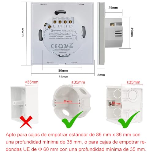 Miniatura 5 de Ketotek Inteligente Interruptor Tactil Wifi 3 Gang 1 Via Alexa Google Assistant Compatible, Interruptor Luz Blanco Pared Smart Life Tuya App Control, Función Temporizador,