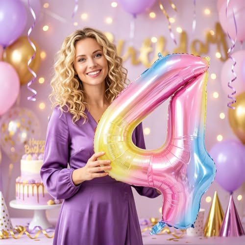 Image of Rainbow Number Balloons Birthday Balloons - Giant Number 4 Balloon 40 inch, Numbers Balloon Birthday Decorations, Rainbow Party Supplies for Baby Shower