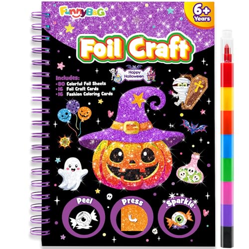 Image of FUNNYB&G Foil Art Craft Kit for Kids 4-10 Years Old: Mess-Free & No-Glue, Create 16 Happy Halloween Pictures - Perfect Travel Toy & Birthday Gift for Kids (Happy Halloween)