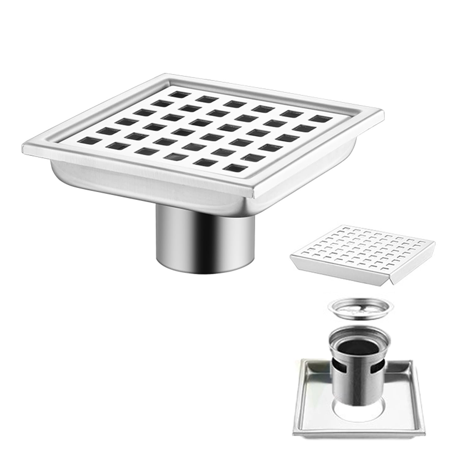 Caniveau de douche carré - 15 x 15 cm - Drain de douche - Siphon 360° avec filtre anti-odeurs et filtre à cheveux - 2 en 1 - Pince en acier inoxydable - Pour salle de bain, cave, intérieur et