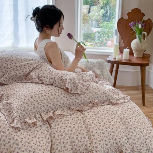 Image of BuLuTu Chic Shabby Purple Floral Duvet Cover Twin, Muslin Cotton Farmhouse Bedding Ruffles Comforter Cover, Kids Girls Boys Quilt Cover 68 inchx86 inch, No Pillow, Zipper & Corner Ties