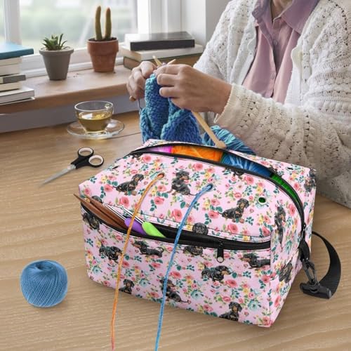 Image of Drnuikhe Rose Puppy Yarn Bag Crochet Storage Bag with Shoulder Straps Yarn Skein, Knitting Needles, Crochet Supplies & DIY Project Traveling Crochet Bags and Totes for Carrying Crochet Kit